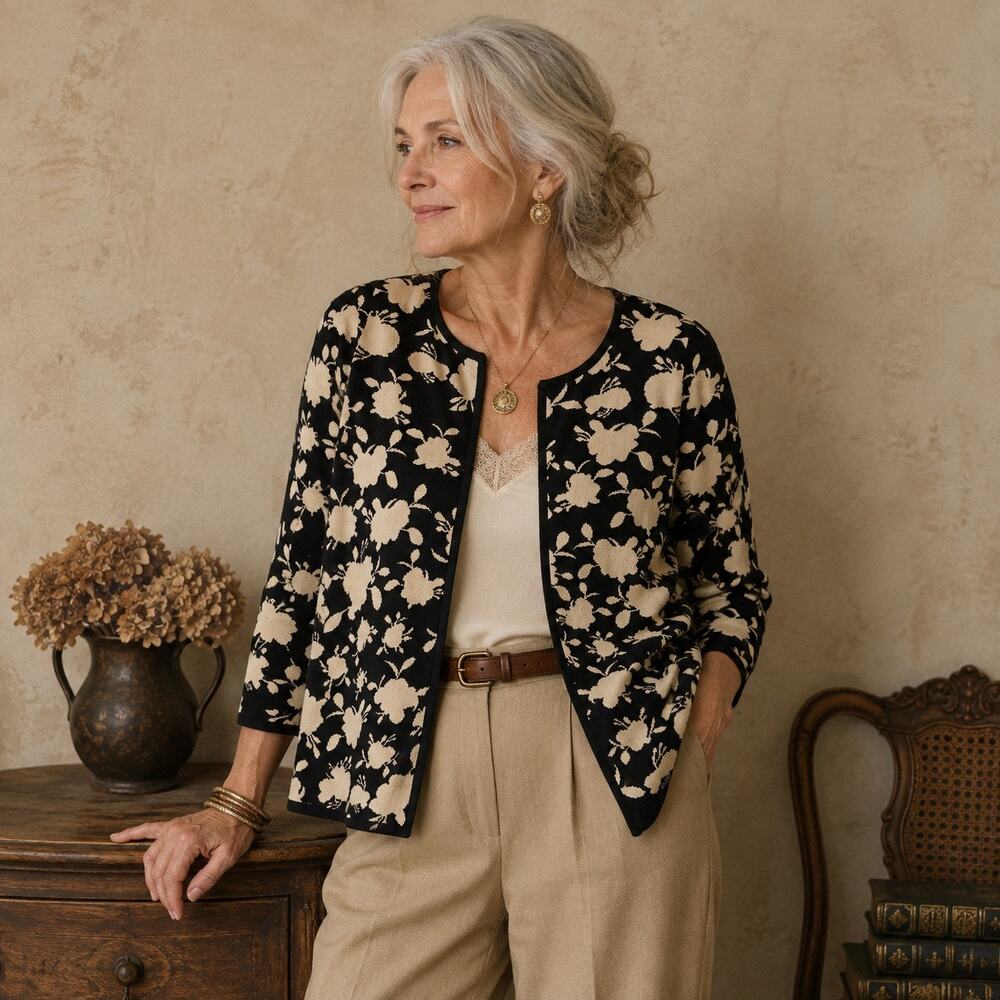 Vintage Inspired Floral print Black and Crème Knit cardigan